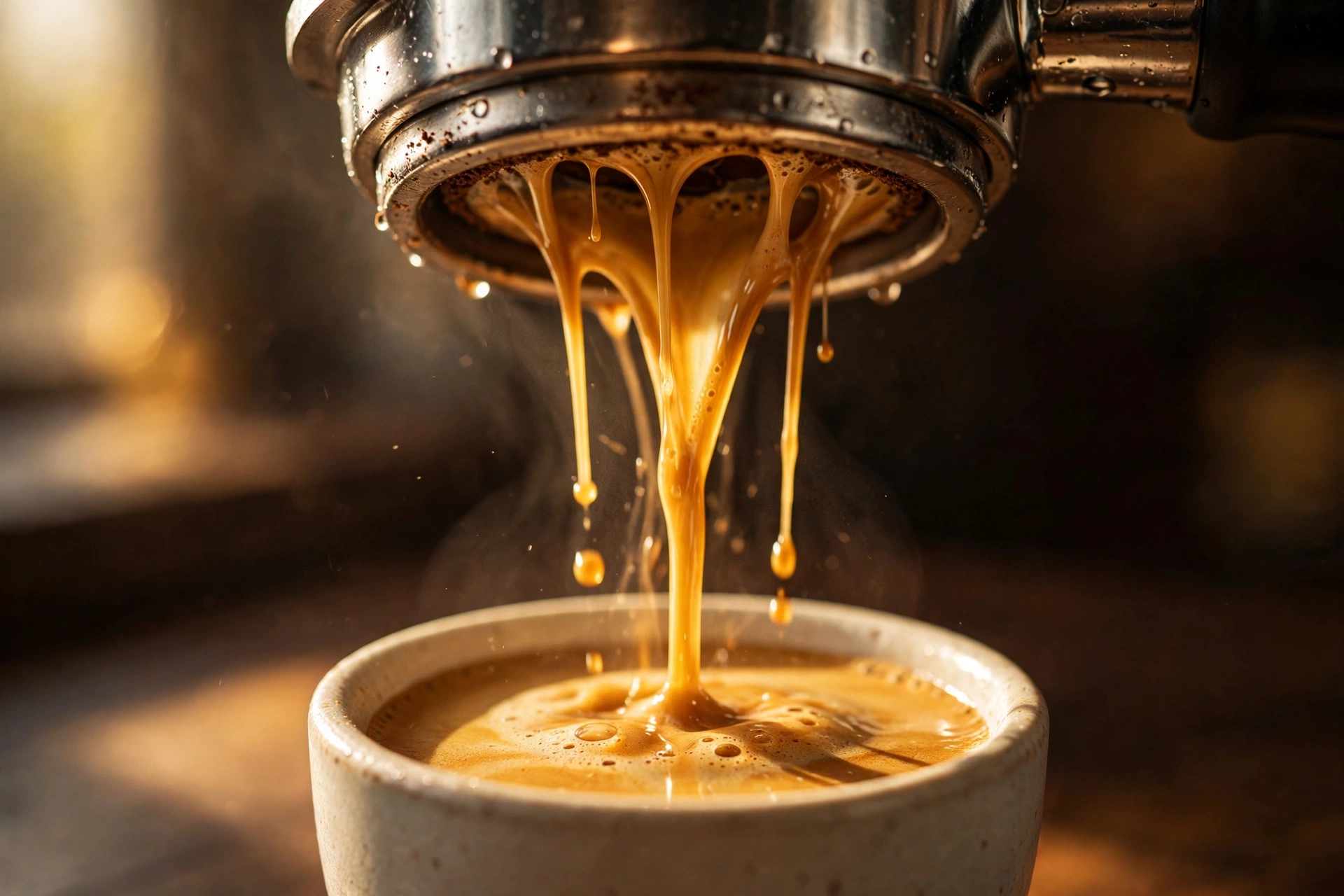 Espresso pouring in a steady stream into a cup, crema catching the light.